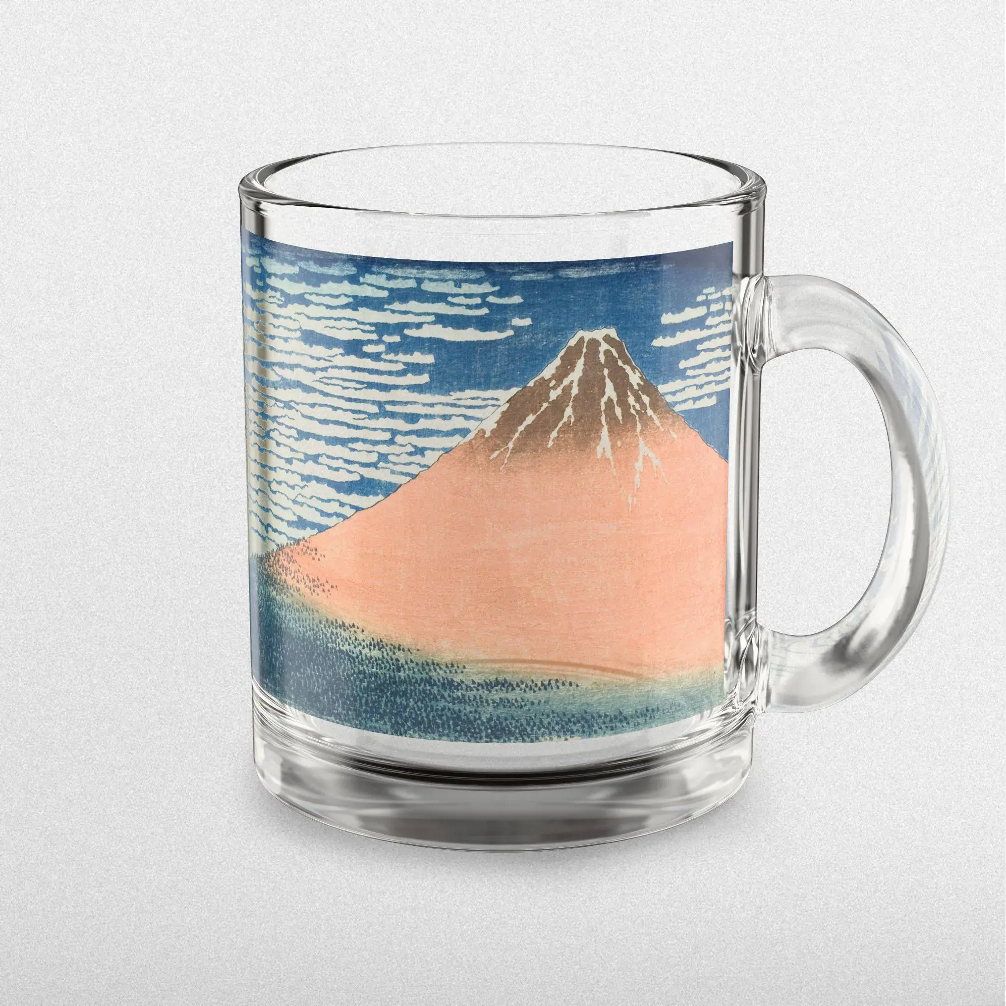 Red Fuji Glass Mug by Hokusai - Elegant 10oz Clear Art Mug Featuring Famous Ukiyo-e Mt. Fuji Print, Perfect for Coffee or Tea Moments