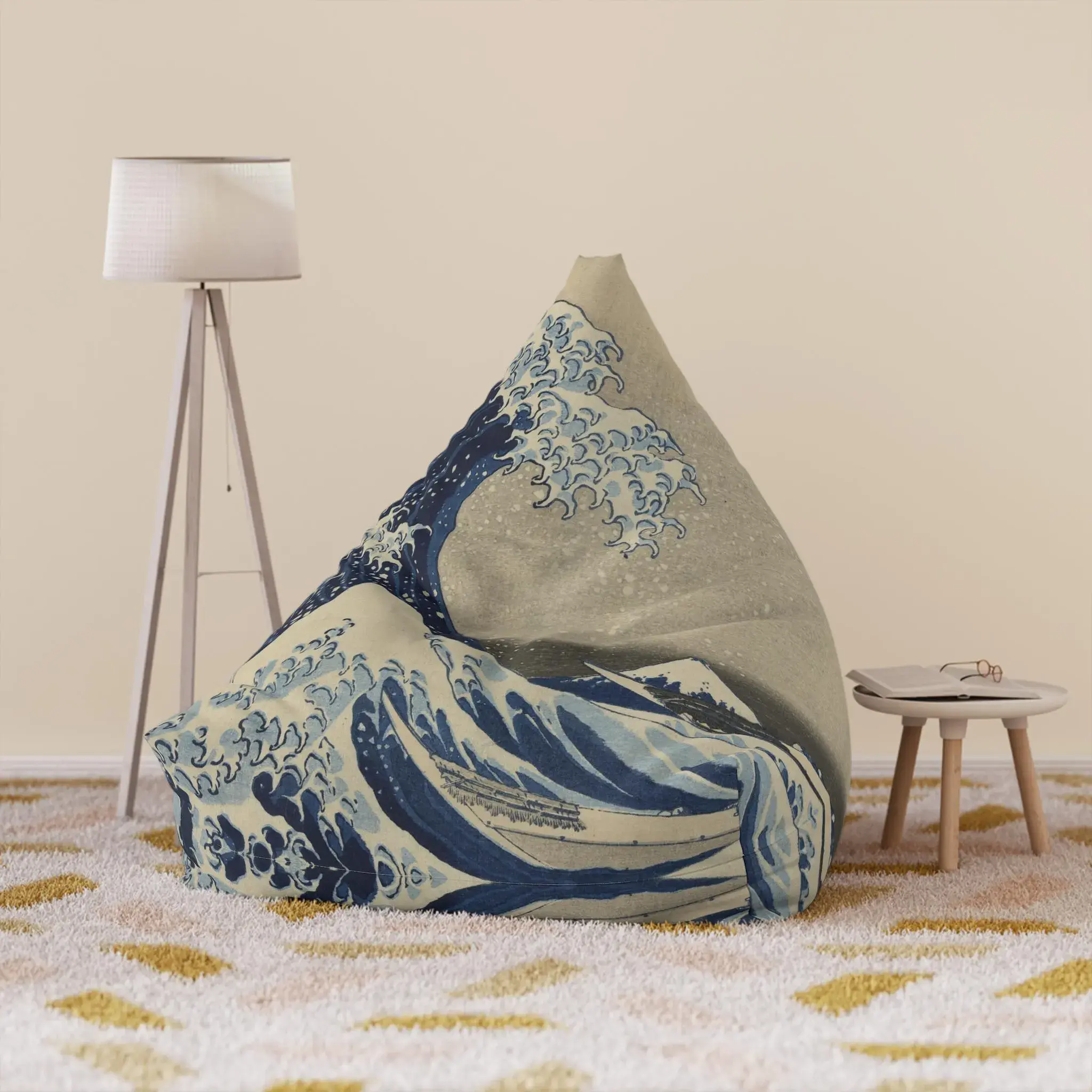 The Great Wave Bean Bag Chair Cover - Ukiyo-e Art by Katsushika Hokusai, Japandi Style Interior Accent - Cover Only, No Filling Included