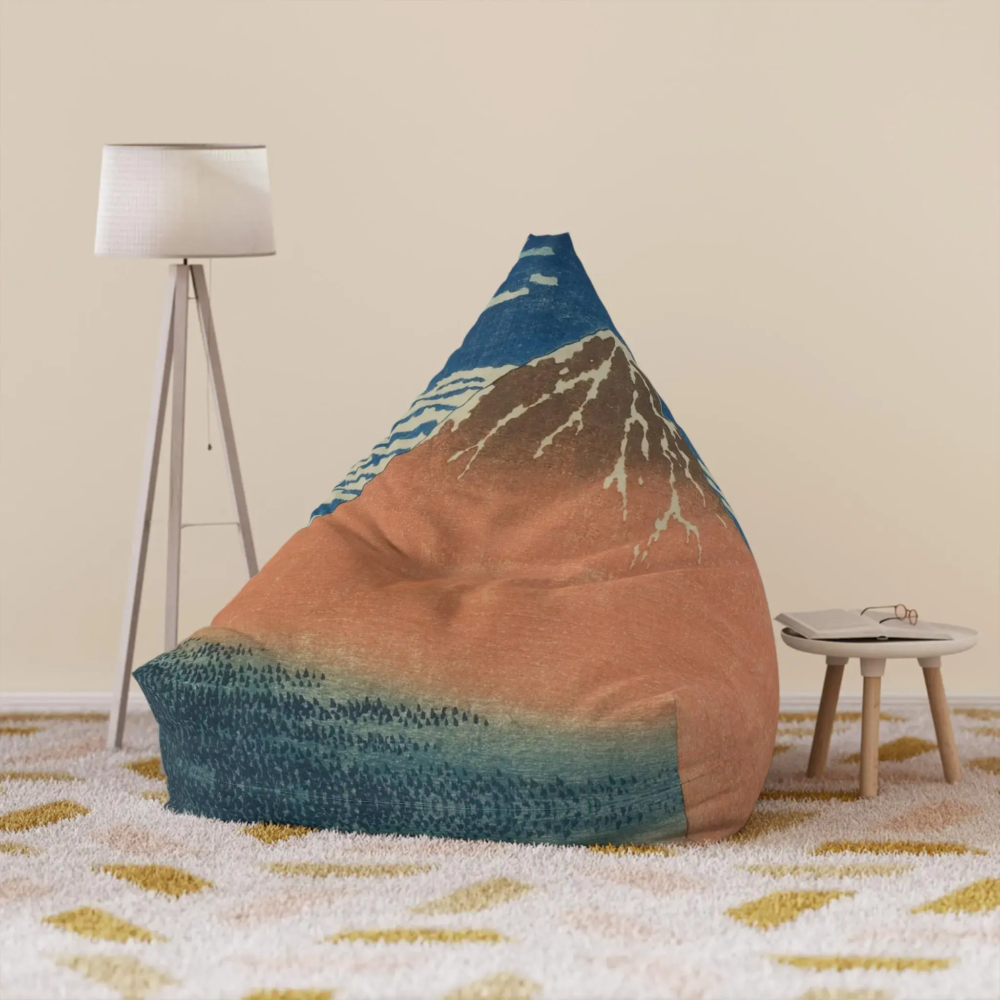 Red Fuji Bean Bag Chair Cover by Hokusai - Japanese Mount Fuji Ukiyo-e Print for Japandi Zen Decor - Cover Only, No Filling Included